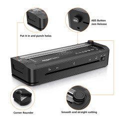 Amazon Basics Plastifieuse thermique A4 3 en 1, fonctions de découpage, perforage et arrondi de coins, 10 pochettes incluses, pr