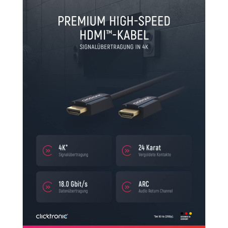Clicktronic 70306 Casual Câble HDMI High Speed avec Ethernet, 7.5m Longueur