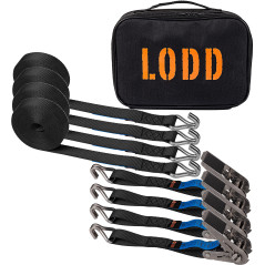 LODD - 4 Sangles à Cliquet 6m Crochets Double J en INOX - Résistantes à la Corrosion - Polyester Renforcé (800 kg) et Valise de 