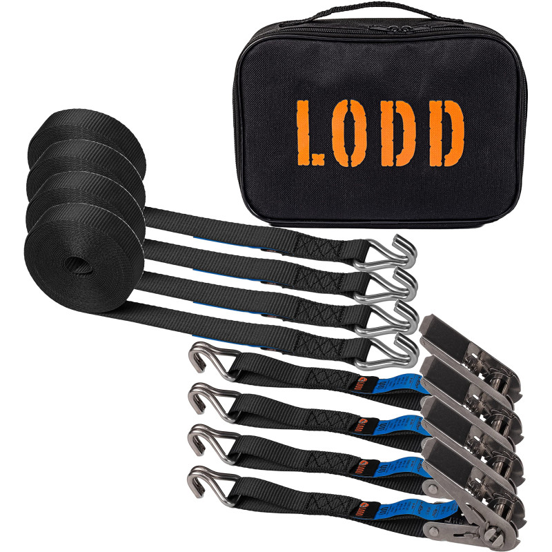 LODD - 4 Sangles à Cliquet 6m Crochets Double J en INOX - Résistantes à la Corrosion - Polyester Renforcé (800 kg) et Valise de LODD - 4 Sangles à Cliquet 6m Crochets Double J en INOX - Résistantes à la Corrosion - Polyester Renforcé (800 kg) et Valise de