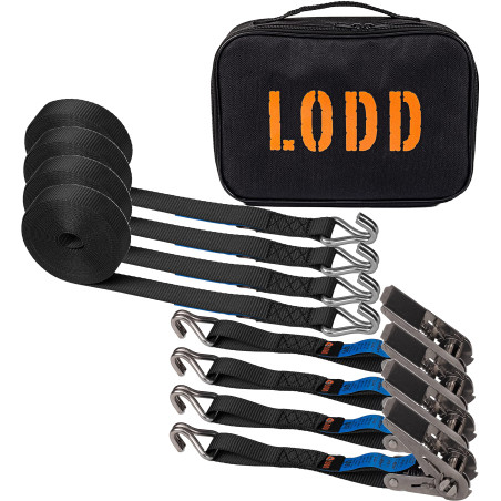 LODD - 4 Sangles à Cliquet 6m Crochets Double J en INOX - Résistantes à la Corrosion - Polyester Renforcé (800 kg) et Valise de 