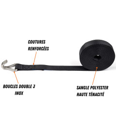 LODD - 4 Sangles à Cliquet 6m Crochets Double J en INOX - Résistantes à la Corrosion - Polyester Renforcé (800 kg) et Valise de 