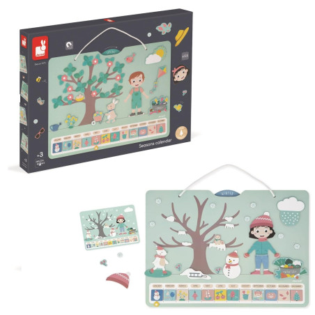Janod - Calendrier des Saisons - Calendrier Enfant Educatif en Bois 42 x 32 cm - Magnétique - 125 Magnets - Apprentissage du Tem