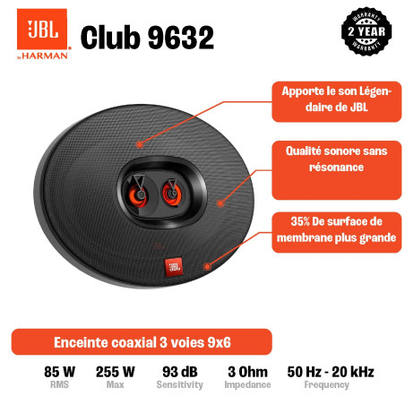JBL Club 9632 - Ensemble d'enceinte voiture à 3 voies de Harman Kardon - Système de 255 Watt JBL Haut Parleur Voiture ovales 15.