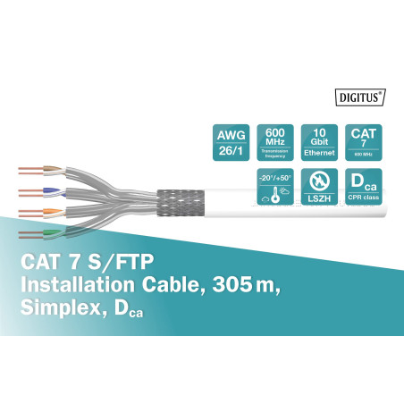 DIGITUS 305 m Cat 7 Câble réseau SoHo - S-FTP (PiMF) Simplex - BauPVO Dca - LSZH Sans halogène - 600 MHz Cuivre AWG 26/1 - Compa