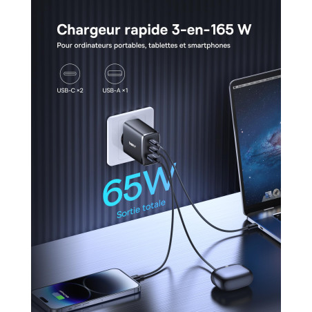 Baseus Chargeur USB C, 65 W, Bloc d'alimentation 3 Ports PD, avec PPS, Chargeur Rapide GaN Compatible avec MacBook Pro/Air, iPho