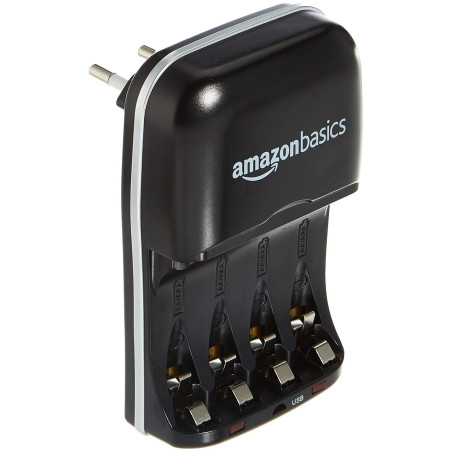 Amazon Basics Chargeur de Piles Ni-MH AA et AAA avec Port USB, Noir