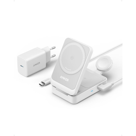 Anker MagGo Chargeur Induction iPhone 3 en 1 Magsafe 15W, Base de Recharge sans Fil Certification Qi2 Compatible avec MagSafe, p