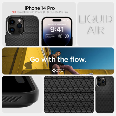Spigen Coque pour iPhone 14 Pro, Liquid Air, [Surface Antidérapante] 6,1 Pouces - Noir Mat