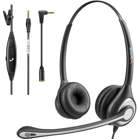 Wantek Casque Téléphone Portable avec Micro Anti-Bruit, Oreillette Smartphone Filaire avec Jack 3,5 mm et 2,5 mm pour iPhone Gal
