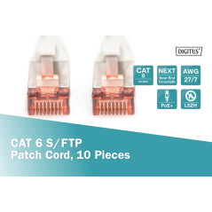 DIGITUS Câble LAN Cat 6-2m - 10 pièces - RJ45 Câble réseau - S/FTP Blindé - Compatible Cat 6A & Cat 7 - Blanc