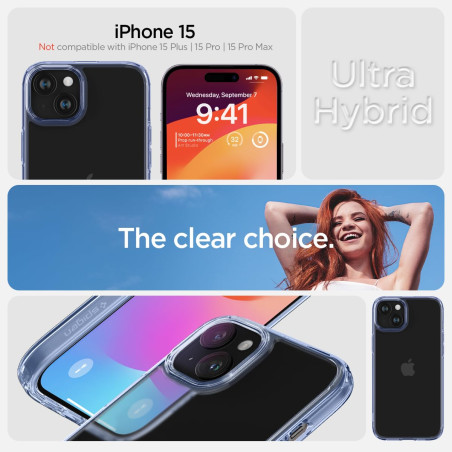 Spigen Coque [Anti-Jaune et Antichoc] en Dos PC et Bumper TPU Ultra Hybrid pour iPhone 15 - Cristal de Ciel