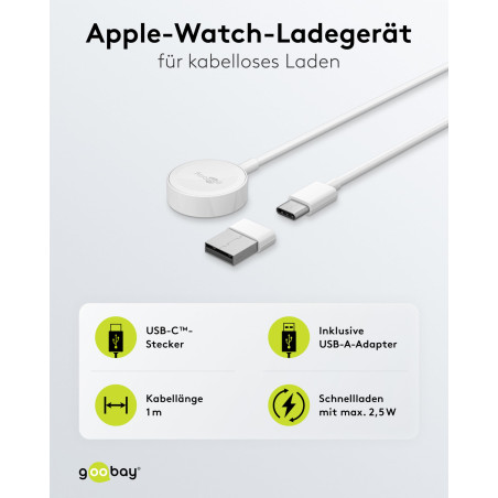 goobay Chargeur pour Apple Watch/Chargeur sans Fil/Compatible avec Tous Les modèles d'Apple Watch SE/8/7/6/5/4/3/2/Incl. Adaptat