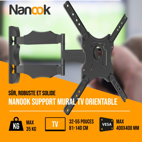 NANOOK Support Mural orientable pour téléviseurs de 32 à 55 Pouces | Inclinable | Support Mural pour téléviseurs LCD, LED, QLED