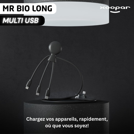Xoopar - Mr Bio Long 1m - Câble Multi USB 4 en 1 - Chargeur Universel Téléphone en Plastique Recyclé - Câble Multi Embout: USB-C