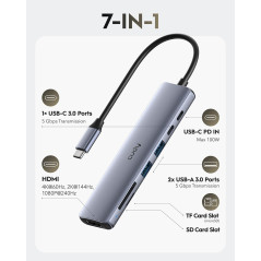 Cudy Hub USB C 7 en 1, adaptateur multiport avec HDMI 4K, 1 fente SD, 1 emplacement TF, 2 USB-A 3.2, 1 USB-C 3.2, 100 W PD, comp