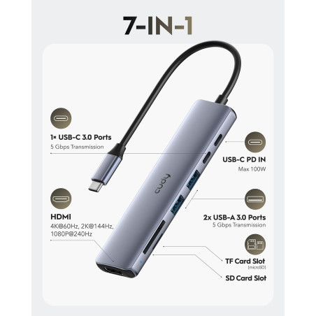 Cudy Hub USB C 7 en 1, adaptateur multiport avec HDMI 4K, 1 fente SD, 1 emplacement TF, 2 USB-A 3.2, 1 USB-C 3.2, 100 W PD, comp