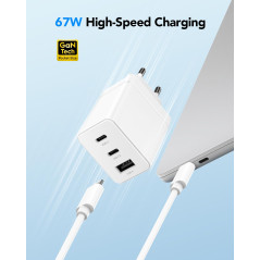 Cudy Chargeur USB C 67W 3 Ports, 2 Type-C, 1 USB A Mâle Charge Rapide QC/PD 3.0 Adaptateur Mural pour iPhone, iPad, Samsung, Son