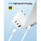 Cudy Chargeur USB C 67W 3 Ports, 2 Type-C, 1 USB A Mâle Charge Rapide QC/PD 3.0 Adaptateur Mural pour iPhone, iPad, Samsung, Son