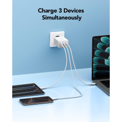 Cudy Chargeur USB C 67W 3 Ports, 2 Type-C, 1 USB A Mâle Charge Rapide QC/PD 3.0 Adaptateur Mural pour iPhone, iPad, Samsung, Son