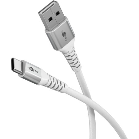 Goobay Câble USB-A vers Textile Flexible 60W/1m 480 Mbits Super Doux pour Samsung, Xiaomi, Google, Nothing Phone - Blanc/74530