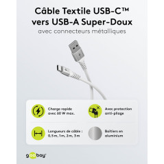 Goobay Câble USB-A vers Textile Flexible 60W/1m 480 Mbits Super Doux pour Samsung, Xiaomi, Google, Nothing Phone - Blanc/74530