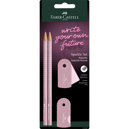FABER-CASTELL 218480 - Set de crayons Sparkle, avec taille-crayon, gomme et 2 crayons, set d'écriture Sleeve en rose shadow