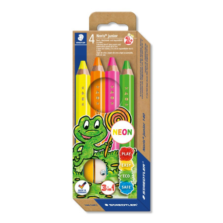 STAEDTLER Noris - junior Neon 140-4 crayons de couleur fluos 3 en 1 assortis plus 1 taille-crayon - Etui carton - 140 C4P1