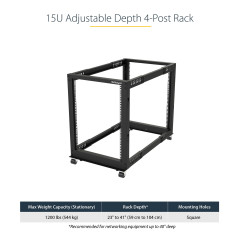 StarTech.com Rack Serveur Mobile 15U 4 Poteaux, Rack Réseau 19" 4 Poteaux avec Roulettes, Rack avec Profondeur Ajustable pour PC