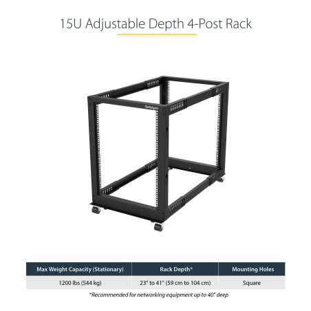 StarTech.com Rack Serveur Mobile 15U 4 Poteaux, Rack Réseau 19" 4 Poteaux avec Roulettes, Rack avec Profondeur Ajustable pour PC