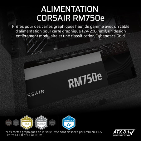 CORSAIR RM750e (2025) Alimentation ATX entièrement modulaire et silencieuse avec câble 12V-2x6 - Compatible ATX 3.1 et PCIe 5.1,