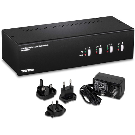 TRENDnet, TK-440DP, Commutateur KVM DisplayPort double écran 4 ports avec audio, hub USB 2.0 2 ports, résolution 4K UHD jusqu'à 