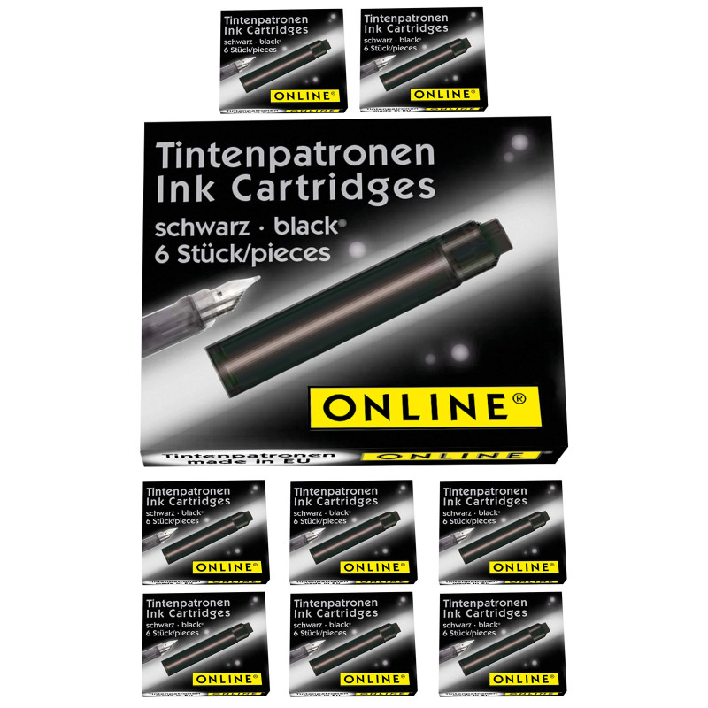 Cartouches d'encre standard ONLINE Noir, pack économique, encre universelle pour stylos plume et rollers à cartouches standards Cartouches d'encre standard ONLINE Noir, pack économique, encre universelle pour stylos plume et rollers à cartouches standards