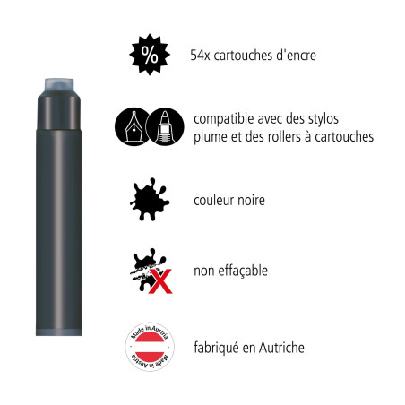 Cartouches d'encre standard ONLINE Noir, pack économique, encre universelle pour stylos plume et rollers à cartouches standards