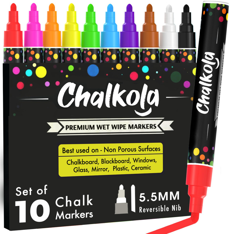 Chalkola Set 10 Feutre Craie Liquide Effaçable | Pointe Réversible 6mm | Chalk Marker et Peinture Stylo Craie pour Tableau Noir Chalkola Set 10 Feutre Craie Liquide Effaçable | Pointe Réversible 6mm | Chalk Marker et Peinture Stylo Craie pour Tableau Noir