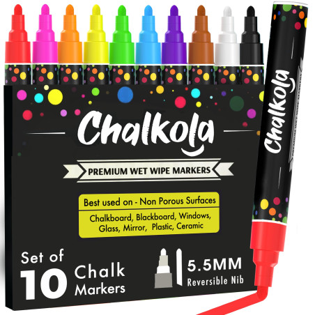 Chalkola Set 10 Feutre Craie Liquide Effaçable | Pointe Réversible 6mm | Chalk Marker et Peinture Stylo Craie pour Tableau Noir
