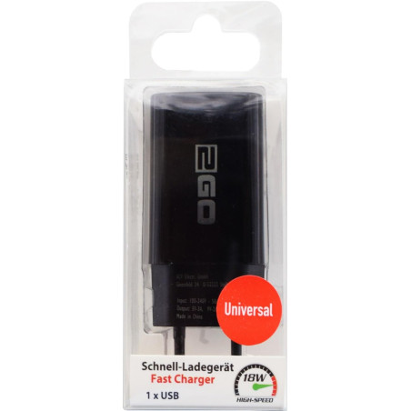 2GO Chargeur rapide USB 5V = 3A / 9V = 2A / 12V = 1,5A Noir
