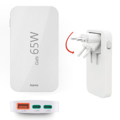 Hama Chargeur Rapide USB-C 65W GaN 3 Ports, sur Secteur, 2X USB-C 65W, 1x USB-A 18W, Mini-Chargeur PD Ultra Plat, Compact et Pli
