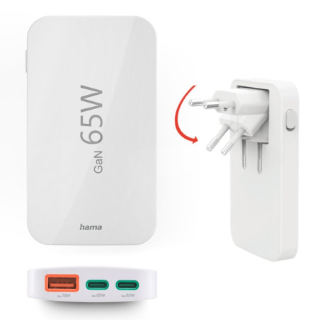 Hama Chargeur Rapide USB-C 65W GaN 3 Ports, sur Secteur, 2X USB-C 65W, 1x USB-A 18W, Mini-Chargeur PD Ultra Plat, Compact et Pli
