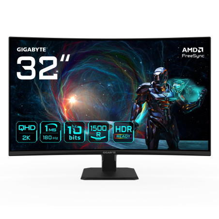 GIGABYTE GS32QCA 31,5" Moniteur Gaming Incurvé QHD - 2560 x 1440, 180Hz, 1ms, 250 CD/m², FreeSync, HDR Ready, HDMI 2.0, DisplayP
