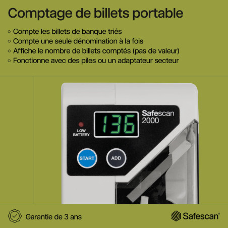 Safescan 2000 compteuse de billets portable qui compte les billets triés - Compteur de billets d'argent liquide pour les déplace