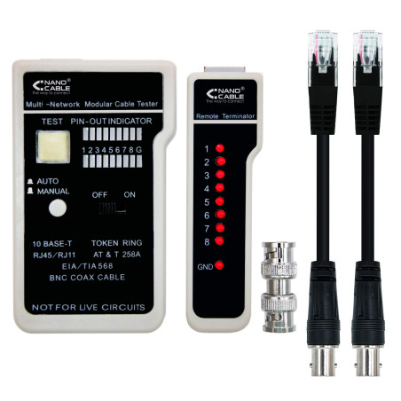 NANOCABLE 10.31.0303 - Testeur professionnel pour câbles RJ11/RJ12/RJ45/coaxial