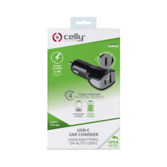 Celly Chargeur Auto 2 Ports USB Type C USB Noir