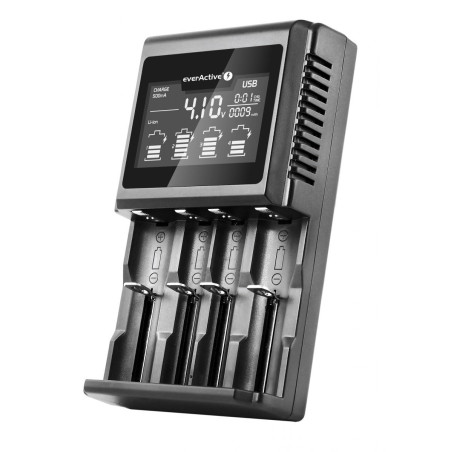 everActive Chargeur pour 4 Batteries 18650 AAA AA C D, Professionnel et Rapide, Grand écran LCD, Test de capacité, modèle UC-400