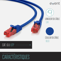 Ewent Câble Patch Ethernet Cat 6 U/UTP, Transmission jusqu'à 1Gigabit, AWG 26/7, 2 connecteurs RJ45. Idéal pour la Transmission