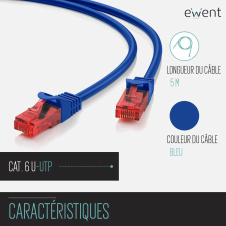 Ewent Câble Patch Ethernet Cat 6 U/UTP, Transmission jusqu'à 1Gigabit, AWG 26/7, 2 connecteurs RJ45. Idéal pour la Transmission