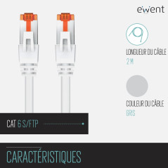 Câble Patch Ethernet Cat 6 S/FTP, Transmission jusqu'à 1Gigabit, AWG 27/7, Double Blindage, 2 connecteurs RJ45. Idéal pour la Tr