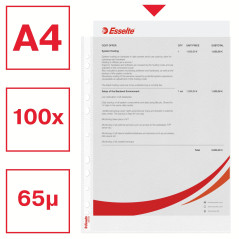 Esselte Quality, Pochettes Plastique Perforées A4, Matière Grainée Mate Transparente, Ouverture sur le haut, Polypropylène 65 Mi