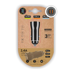 Chargeur tech one tech 2.4 voiture allume-cigare double pour iphone/USB micro/type-c couleur noir