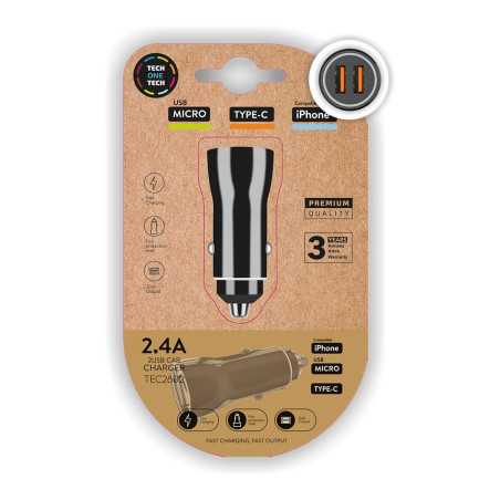 Chargeur tech one tech 2.4 voiture allume-cigare double pour iphone/USB micro/type-c couleur noir